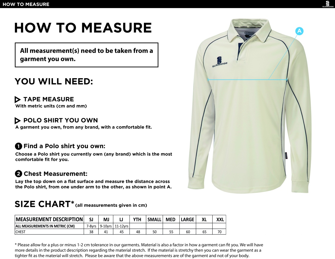 Builth Wells CC - Premier Long Sleeve Shirt - Size Guide