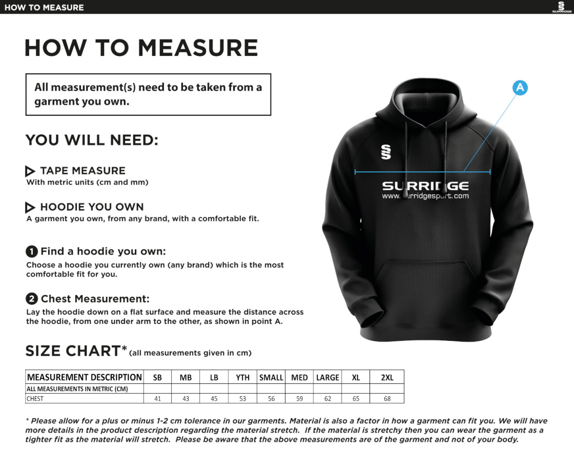Builth Wells CC - Blade Hoody - Size Guide