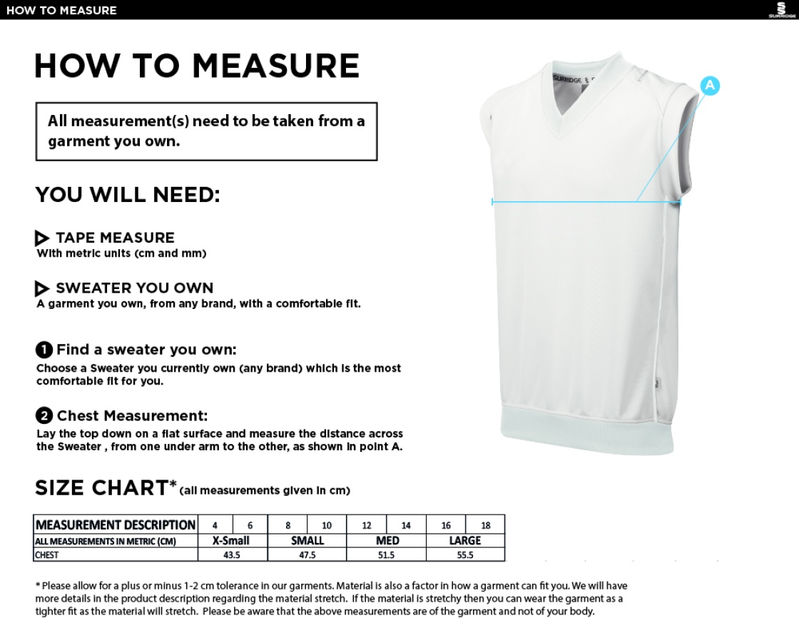 Builth Wells CC - Blast Sleeveless Cricket Sweater - Size Guide