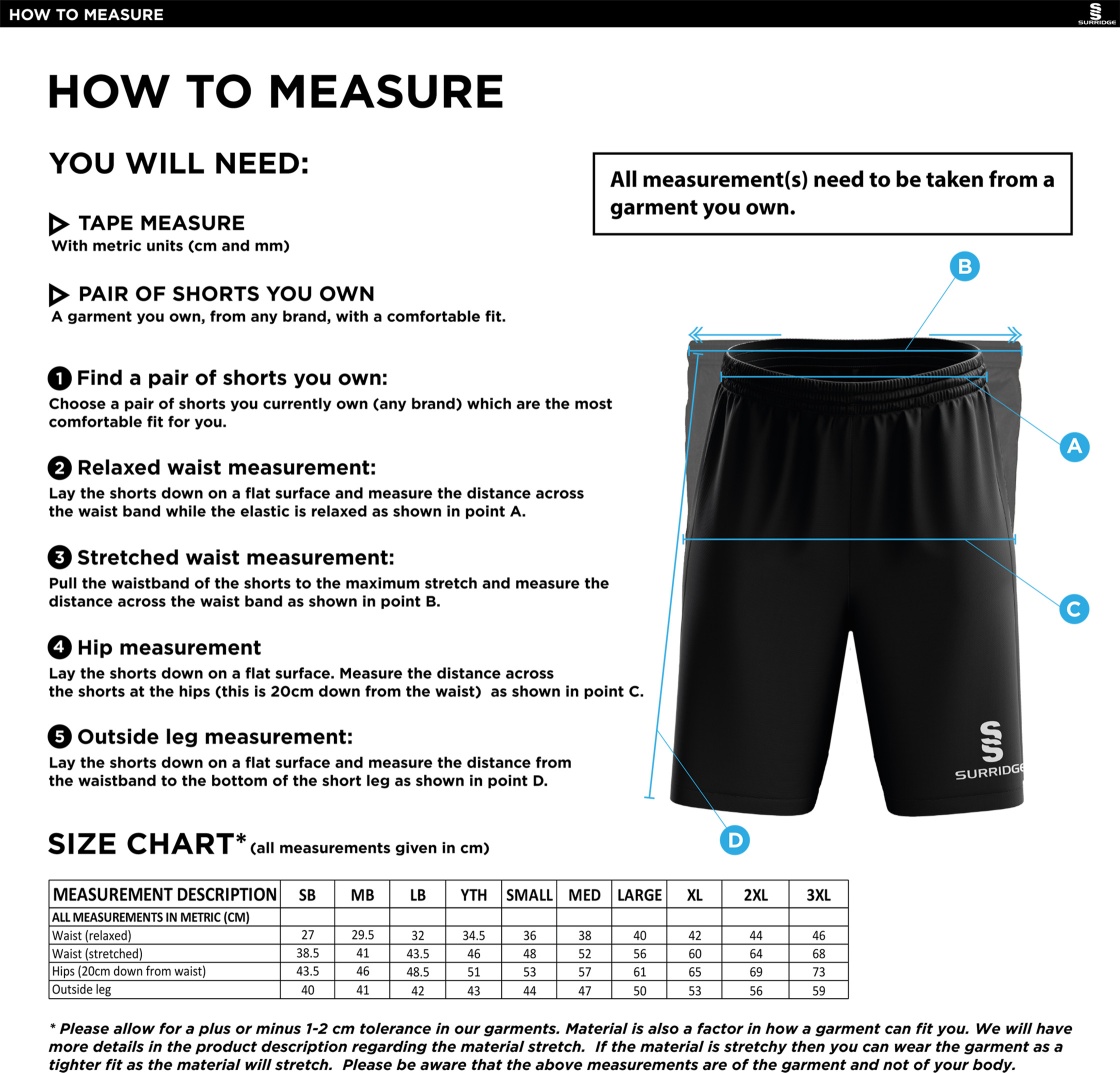 Builth Wells CC - Ripstop Training Shorts - Size Guide