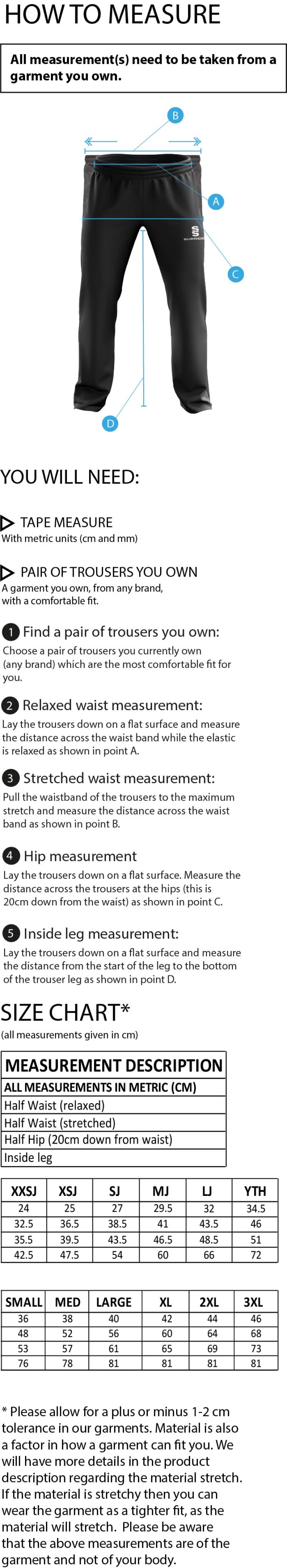 Builth Wells CC POPLIN TRACK PANT WITH LYCRA - Size Guide