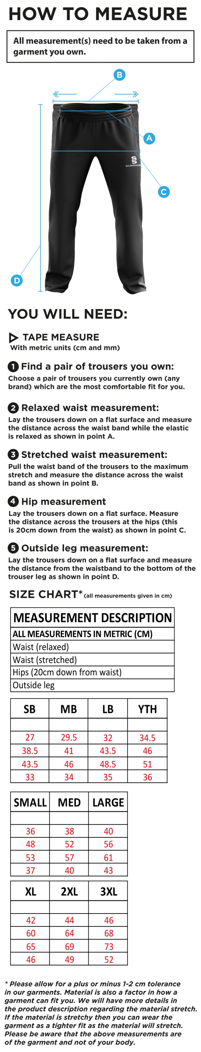 Builth Wells CC - Rip Stop Tracksuit Pants - Size Guide