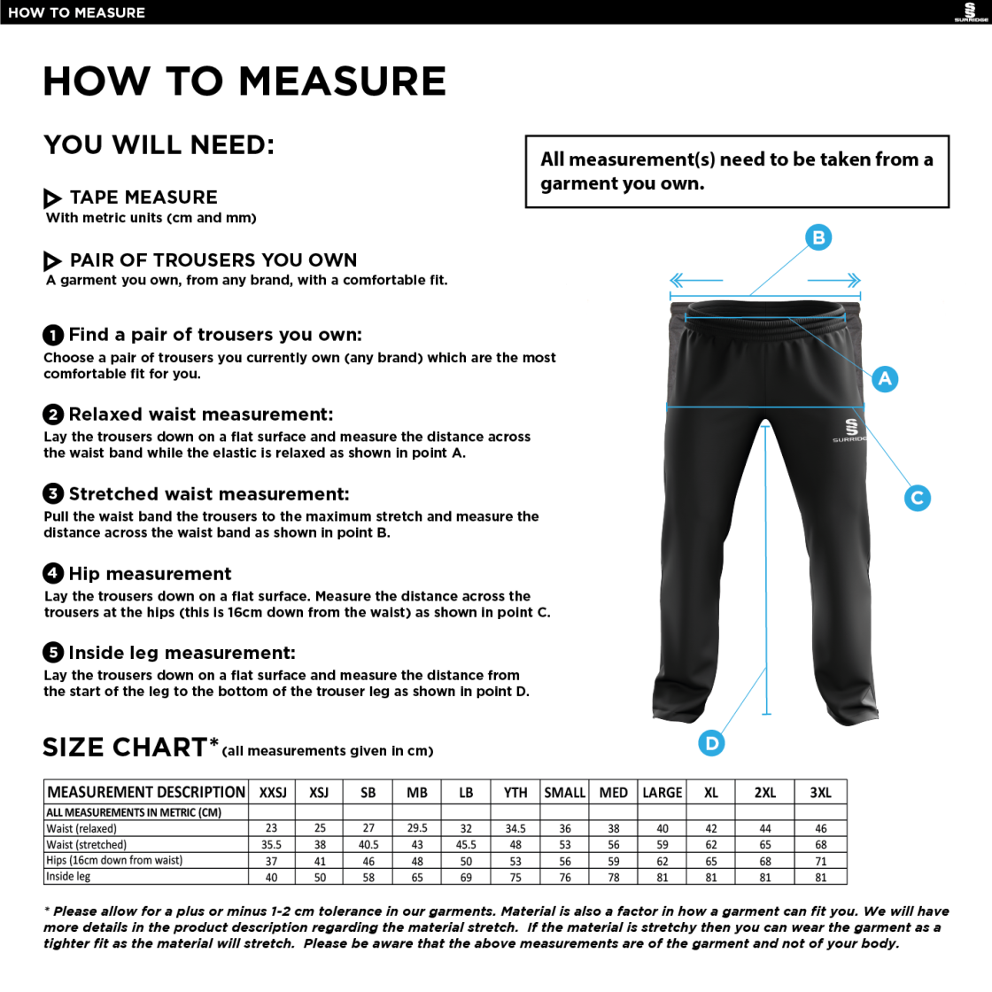 Builth Wells CC Classic Tracksuit Pant 3/4 Zip Length Navy Mens - Size Guide