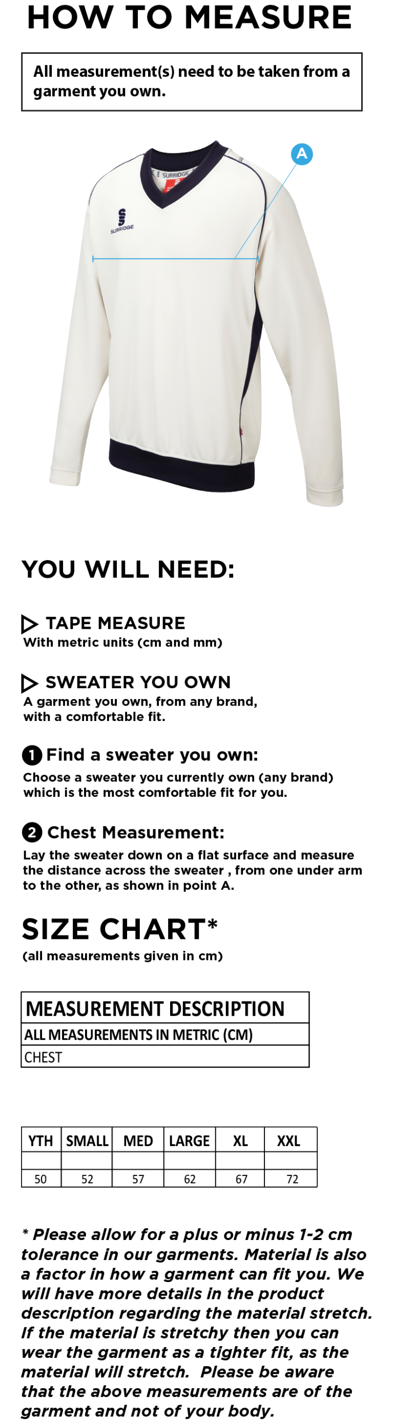 Builth Wells CC - Long Sleeve Sweater - Size Guide