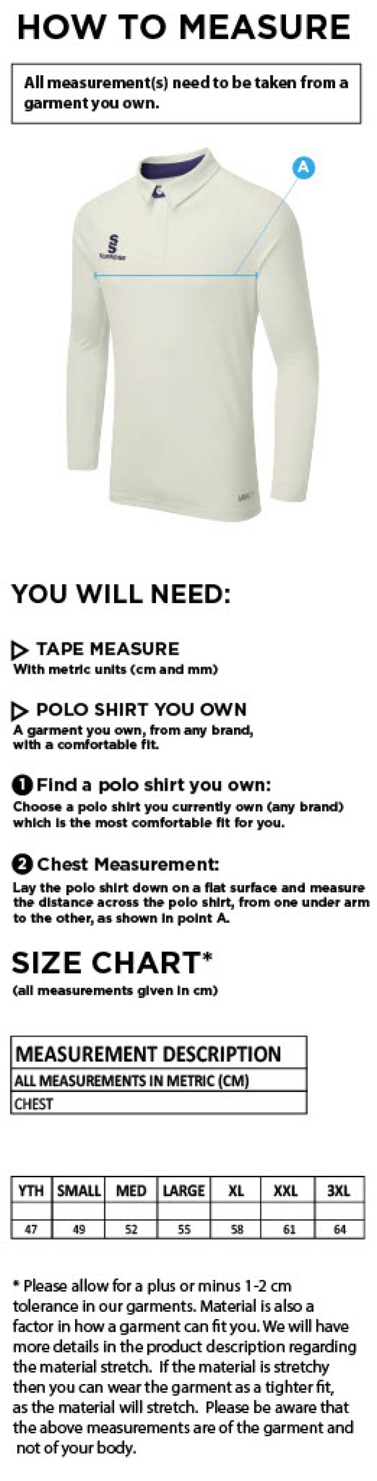 Builth Wells CC - Tek Long Sleeve Playing Shirt - Size Guide