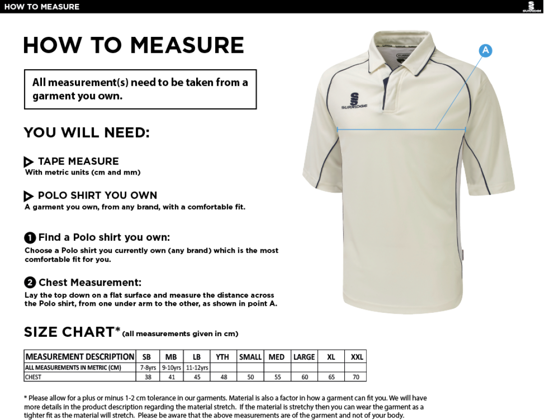 Builth Wells CC - 3/4 Premier Shirt - Size Guide