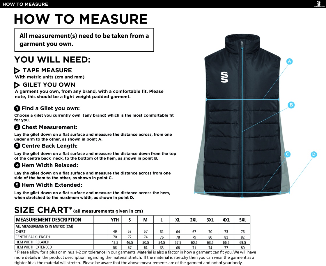 Built Wells CC ACTIVE GILET - NAVY - Size Guide
