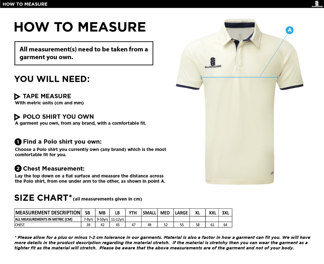 Builth Wells CC - Tek Short Sleeve Playing Shirt - Size Guide
