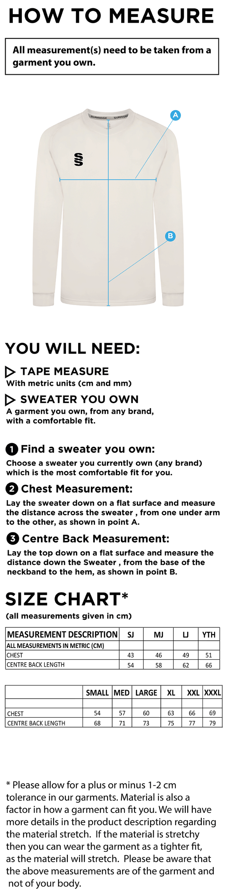 Builth Wells CC - Blast Long Sleeve Cricket Sweater - Size Guide