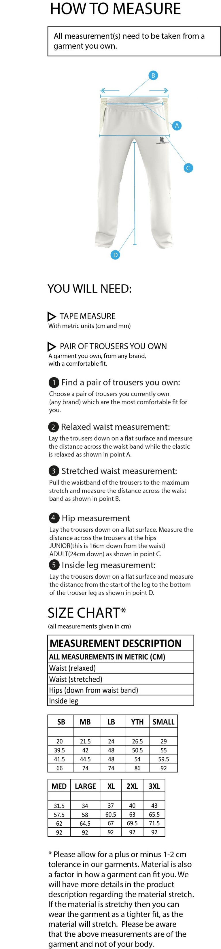 Builth Wells CC - Pro Trousers - Size Guide