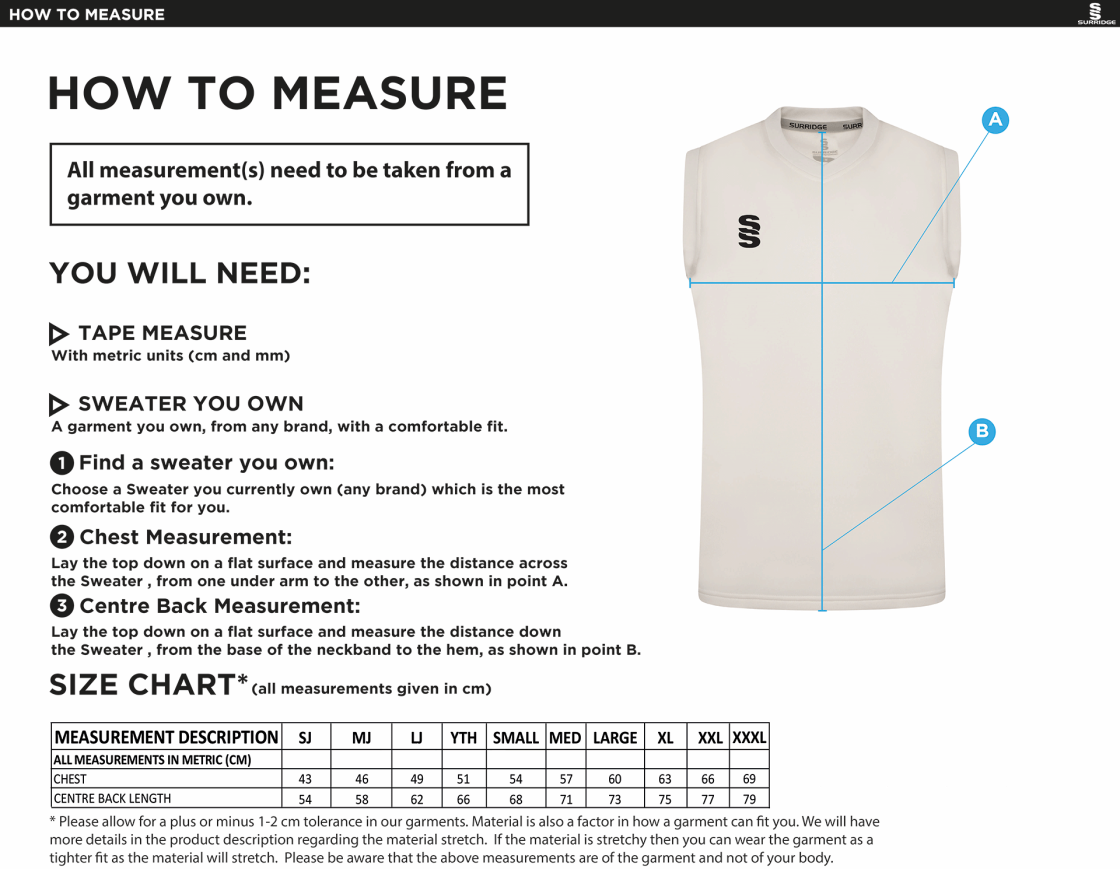 Builth Wells CC - Blast Sleeveless Cricket Sweater - Size Guide