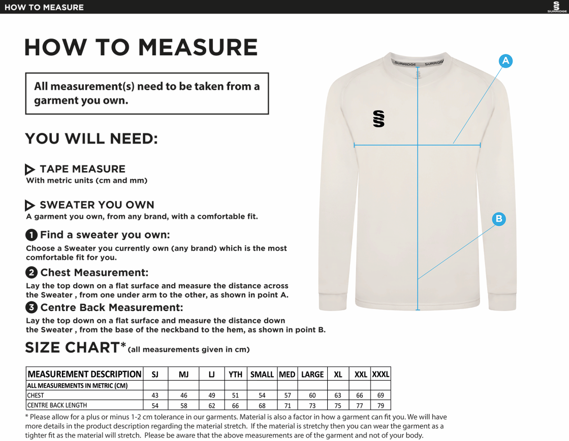 Builth Wells CC - Blast Long Sleeve Cricket Sweater - Size Guide
