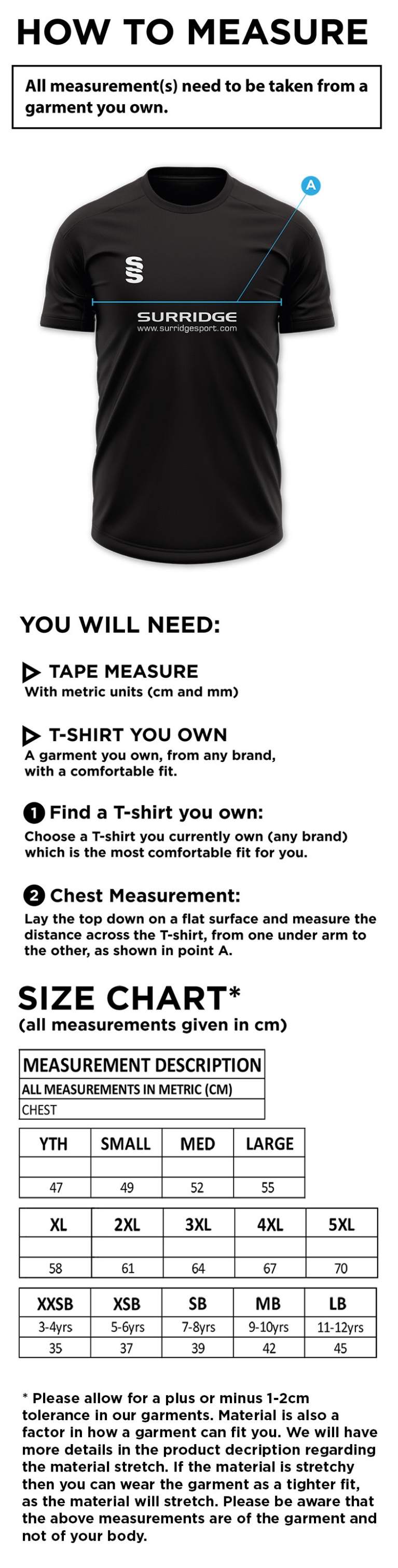 Builth Wells CC - Blade Training Shirt - Size Guide