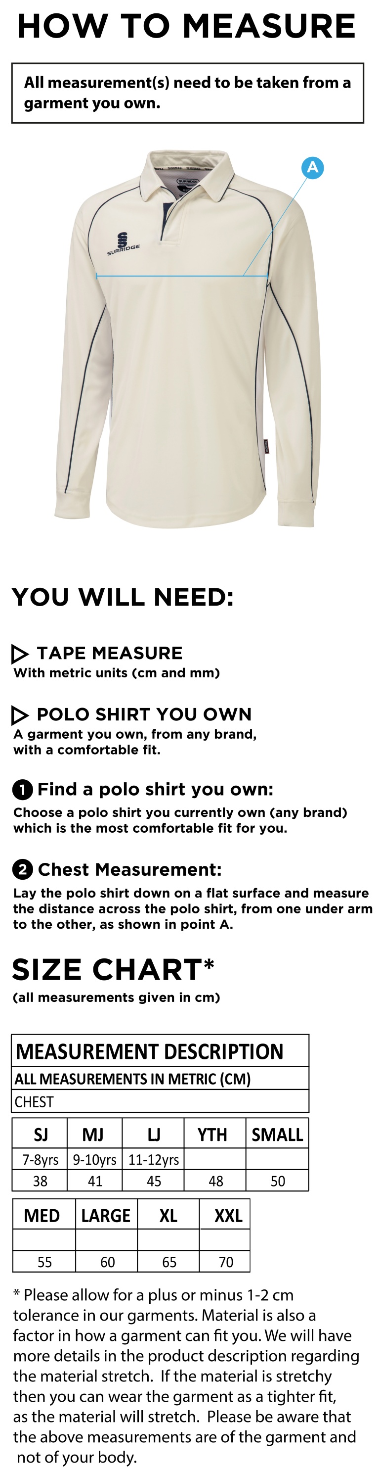 Builth Wells CC - Premier Long Sleeve Shirt - Size Guide
