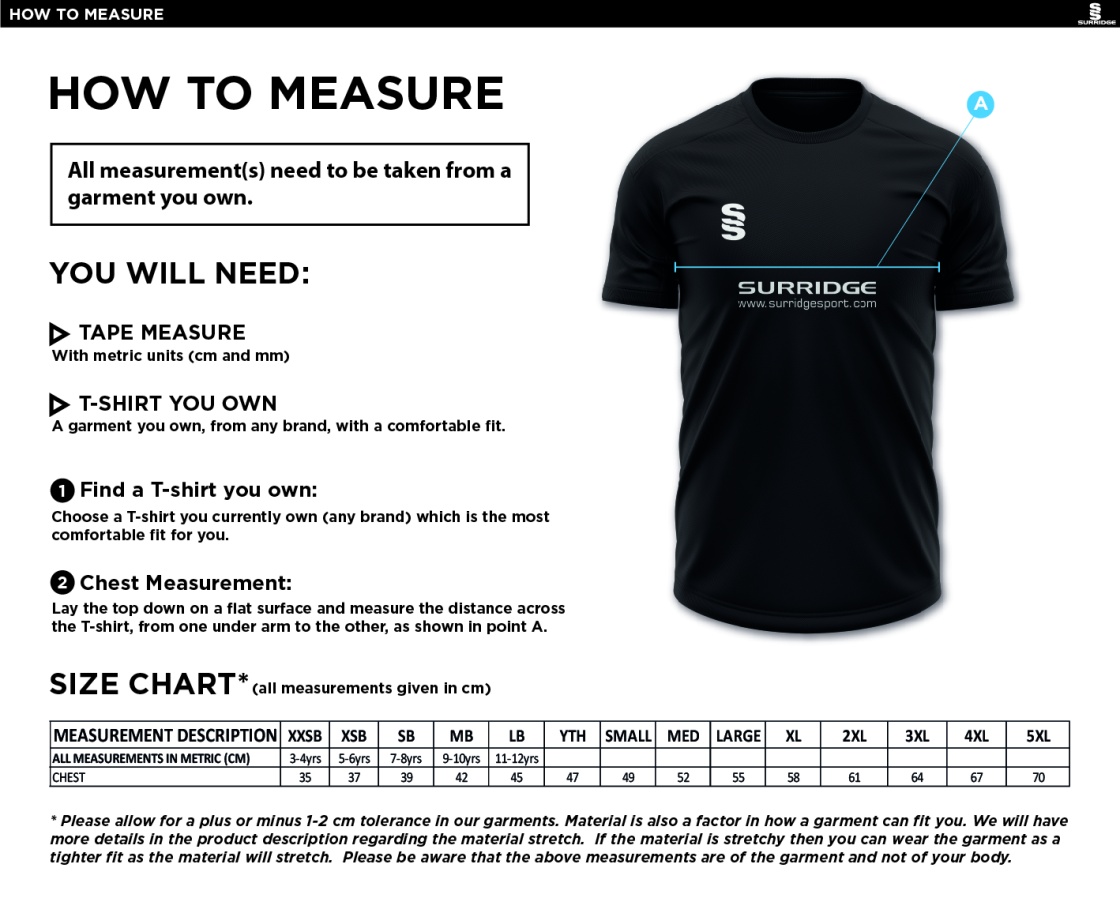 Builth Wells CC - Blade Training Shirt - Size Guide