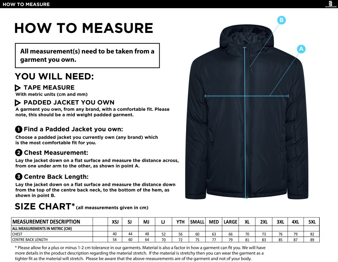 Builth Wells CC Active Padded Jacket - Navy - Size Guide
