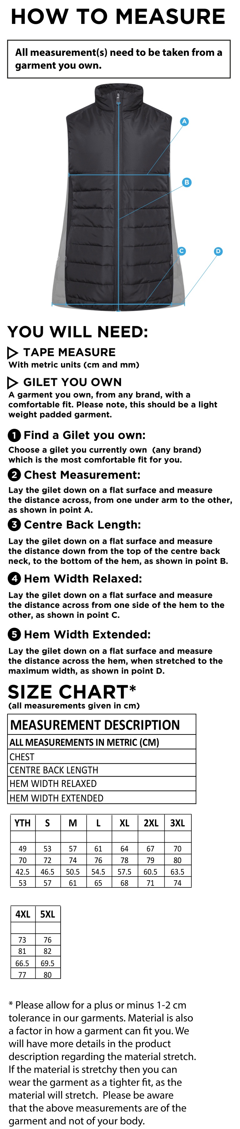 Built Wells CC ACTIVE GILET - NAVY - Size Guide