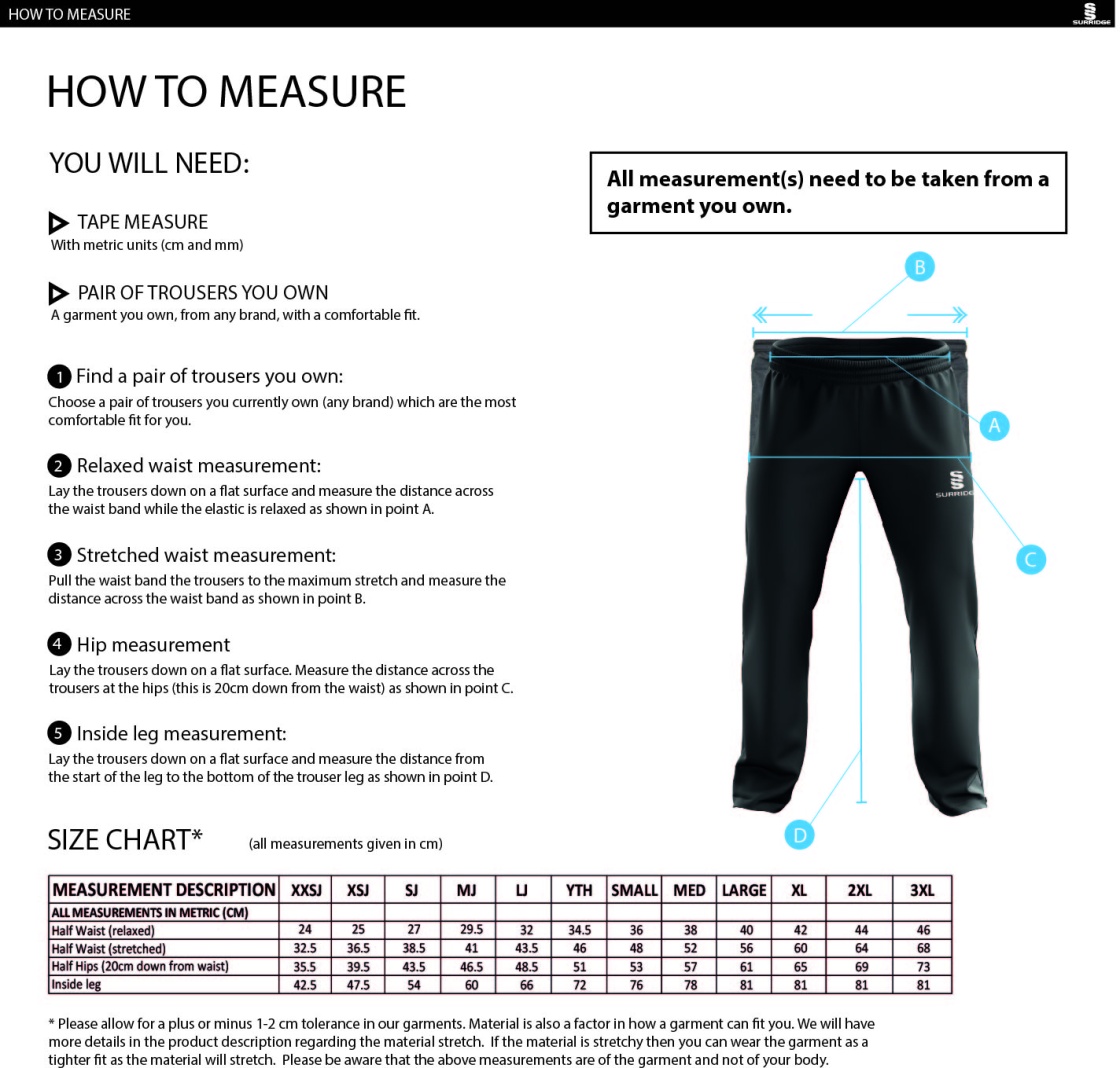 Builth Wells CC POPLIN TRACK PANT WITH LYCRA - Size Guide