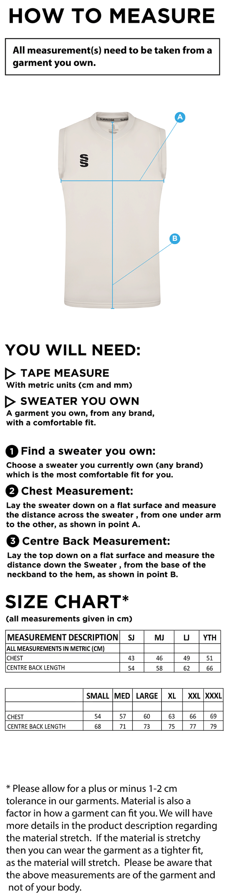 Builth Wells CC - Blast Sleeveless Cricket Sweater - Size Guide