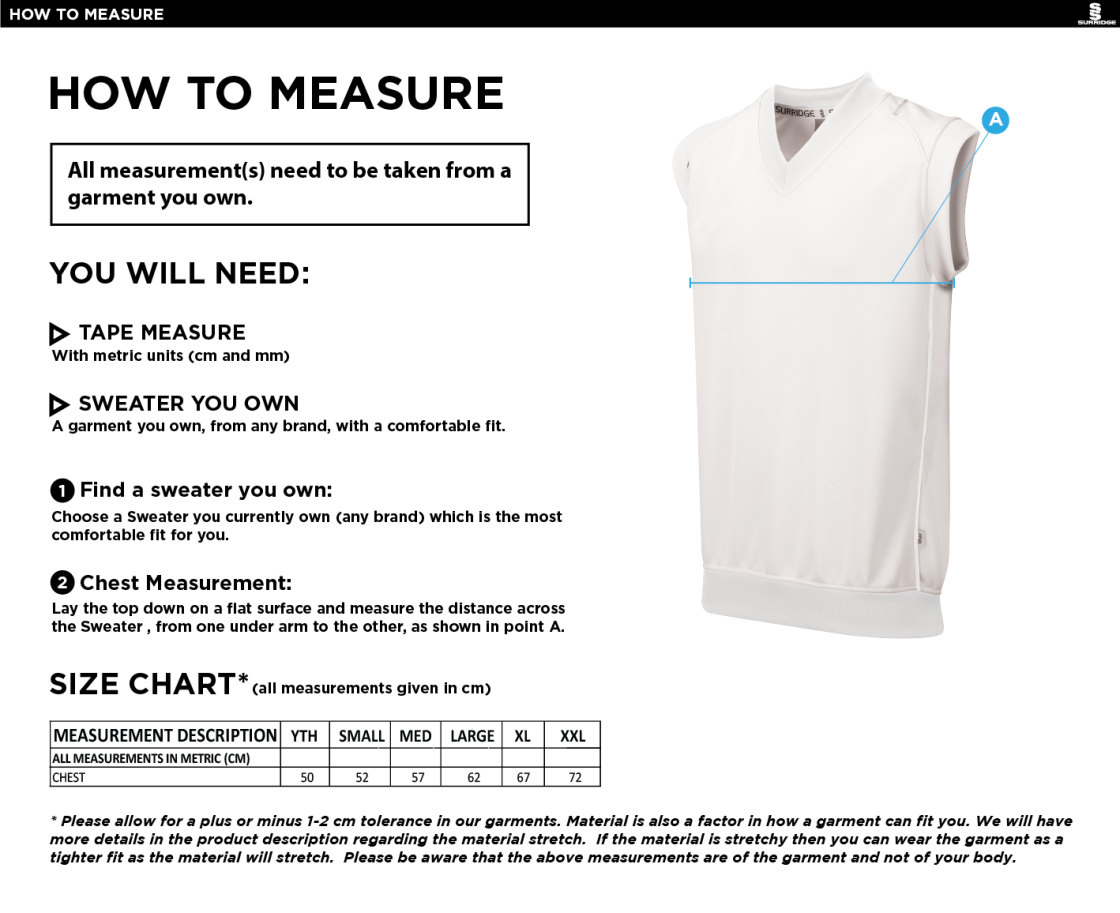 Builth Wells CC - Sleeveleess Sweater - Size Guide