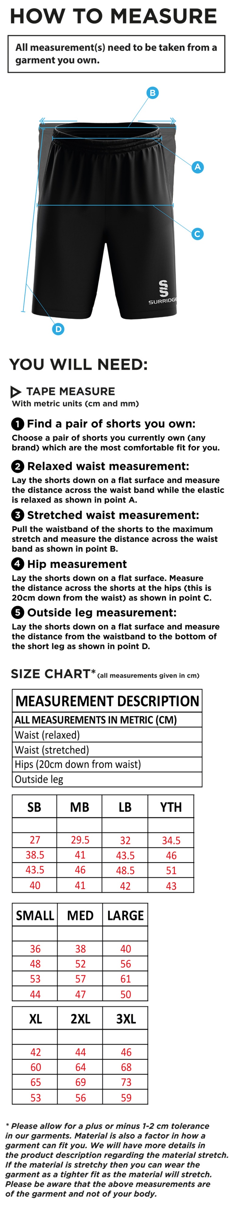 Builth Wells CC - Ripstop Training Shorts - Size Guide