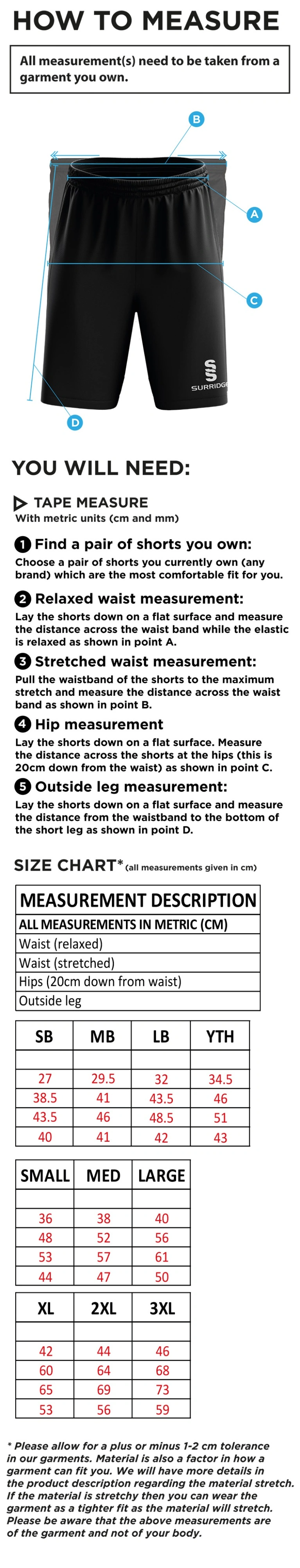 Builth Wells CC - Ripstop Training Shorts - Size Guide
