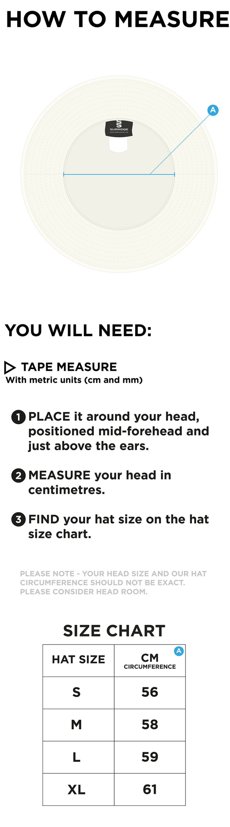 Builth Wells CC Floppy Sun Hat - Size Guide
