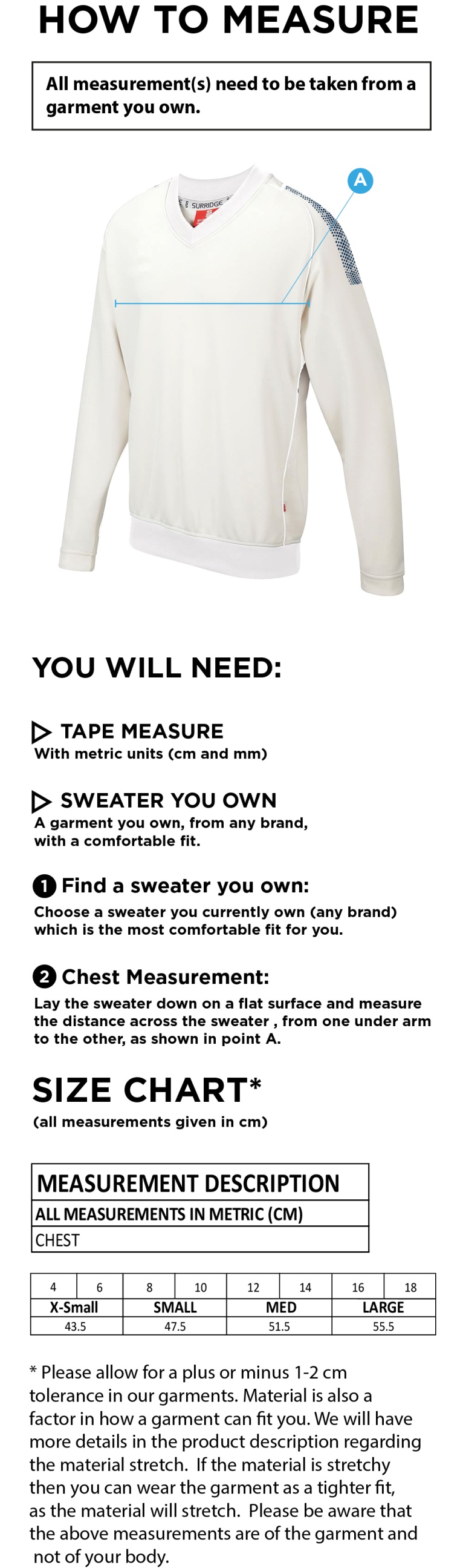 Builth Wells CC - Blast Long Sleeve Cricket Sweater - Size Guide