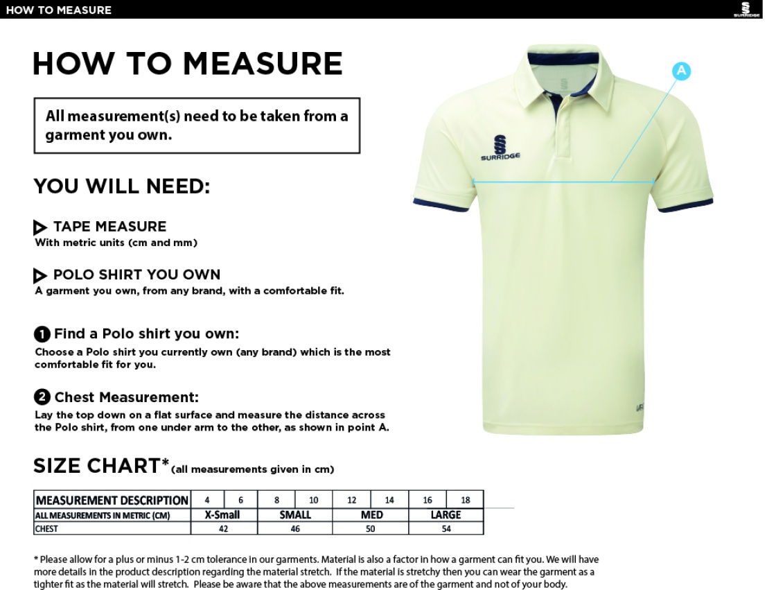 Builth Wells CC Dual Cricket Shirt Short Sleeve Womens - Size Guide