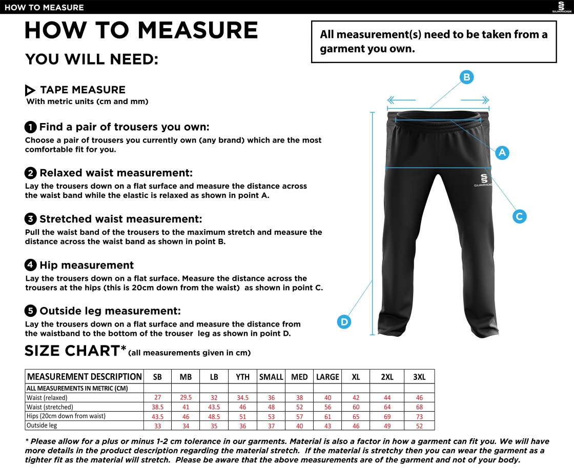 Builth Wells CC - Rip Stop Tracksuit Pants - Size Guide