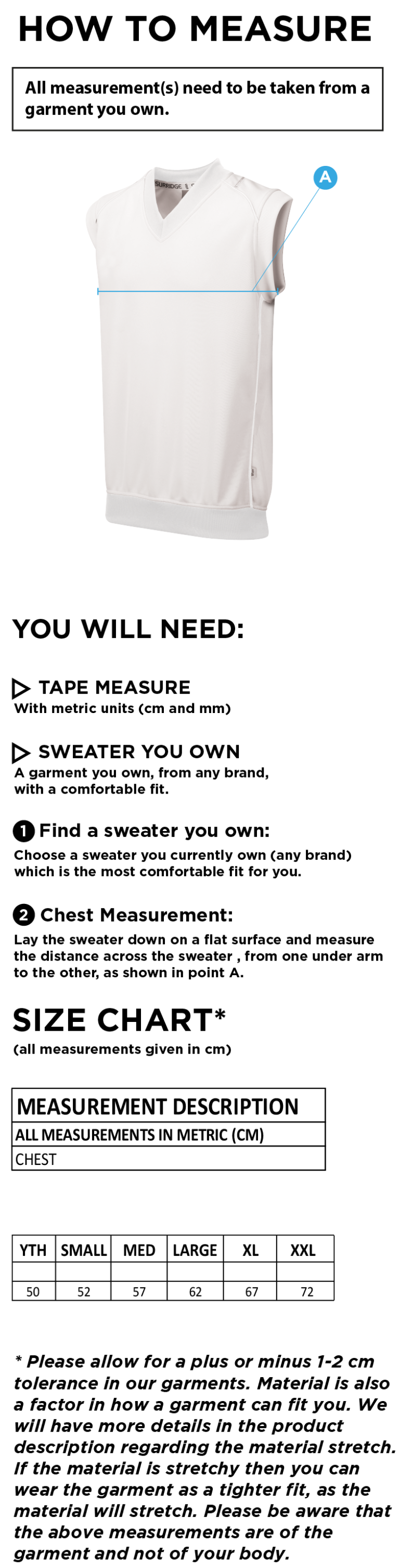 Builth Wells CC - Sleeveleess Sweater - Size Guide