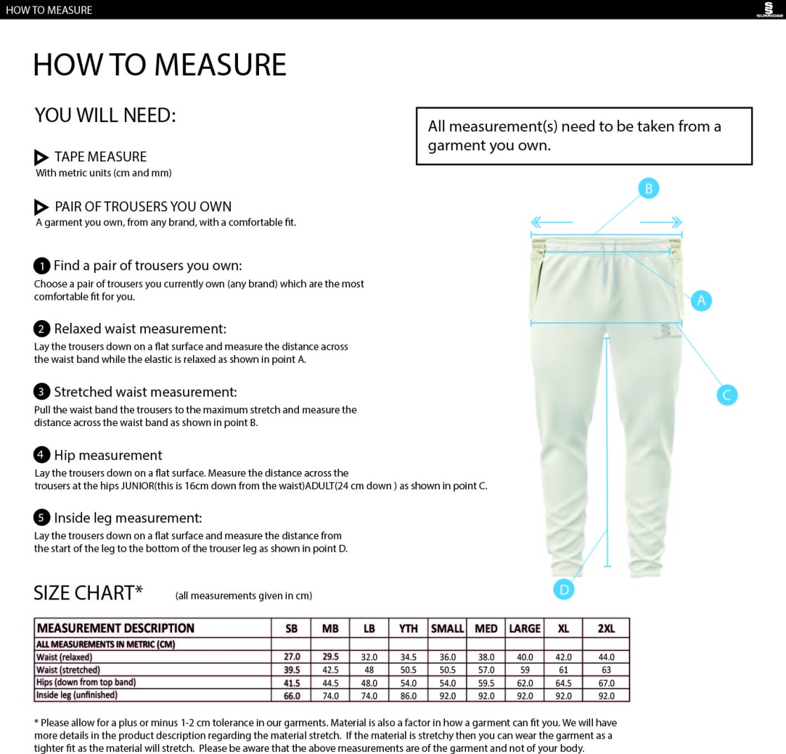 Builth Wells CC - Tek Playing Trousers - Size Guide