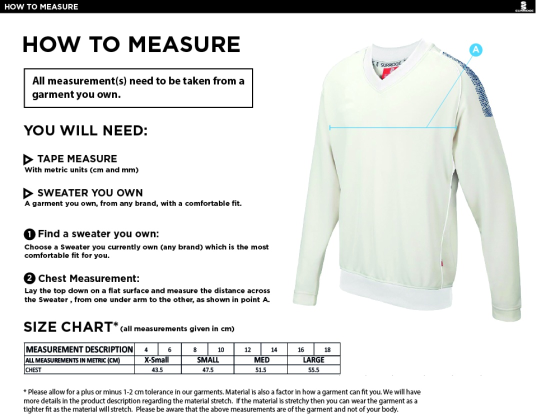 Builth Wells CC - Blast Long Sleeve Cricket Sweater - Size Guide