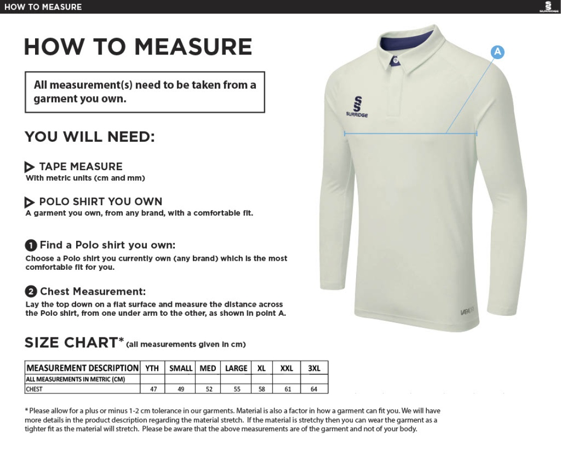 Builth Wells CC - Tek Long Sleeve Playing Shirt - Size Guide