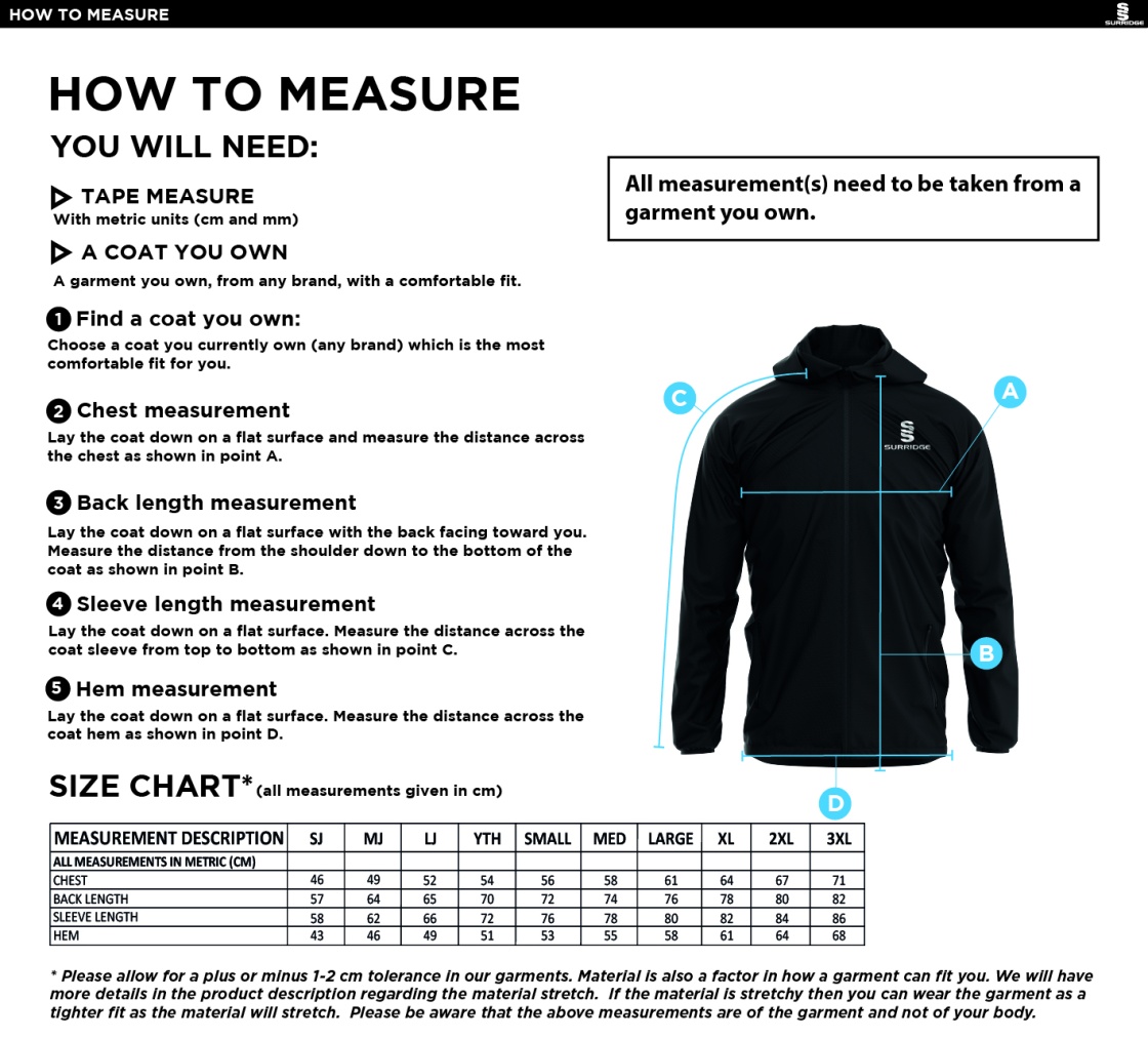 Builth Wells CC Dual Elite 1/4 Zip Hoody / Rain Jacket - Size Guide