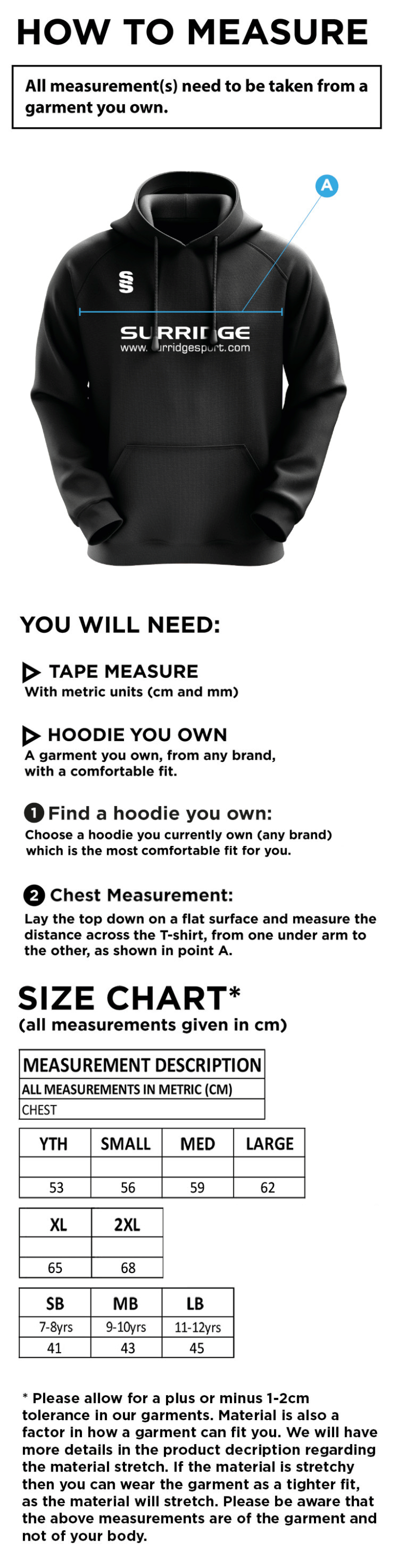 Builth Wells CC - Blade Hoody - Size Guide