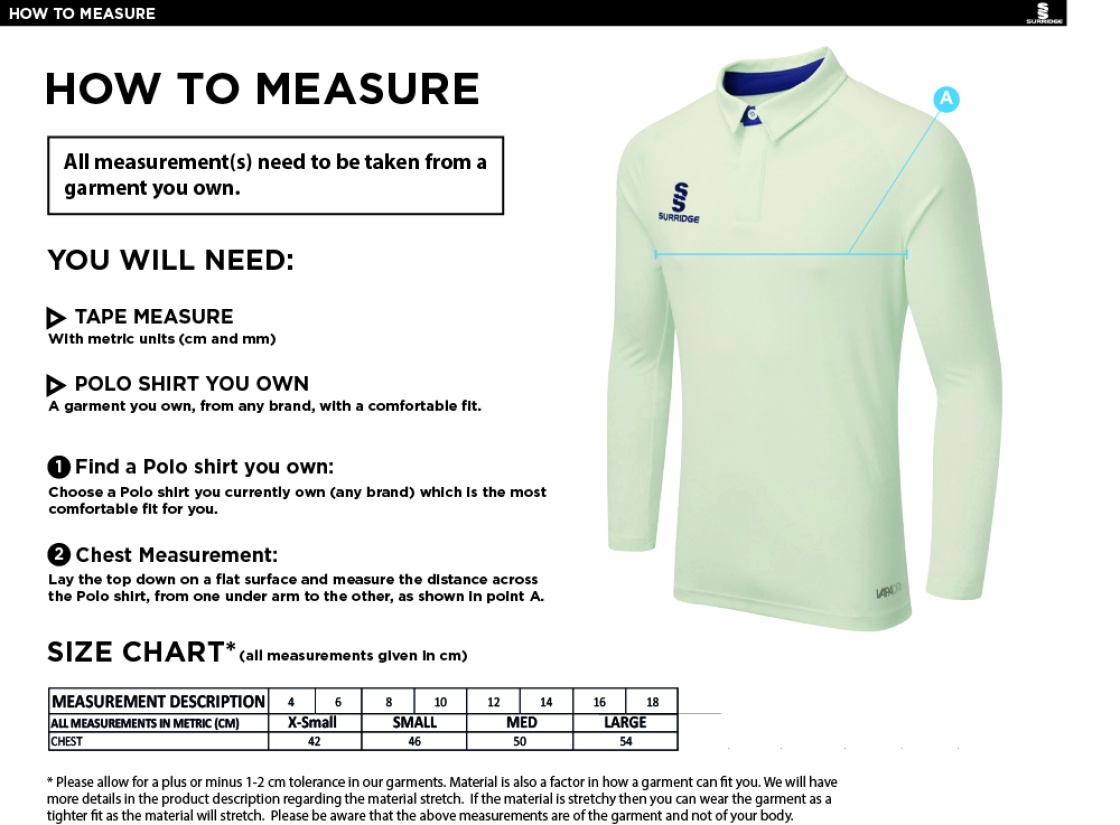 Builth Wells CC DUAL LONG SLEEVE CRICKET SHIRT (WOMENS)-Ivory - Size Guide