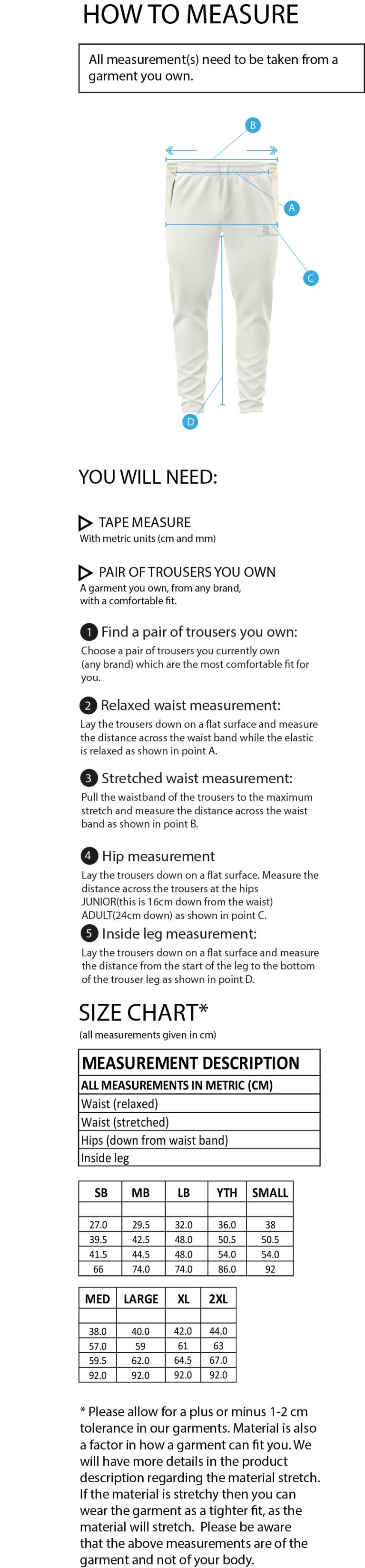 Builth Wells CC - Tek Playing Trousers - Size Guide