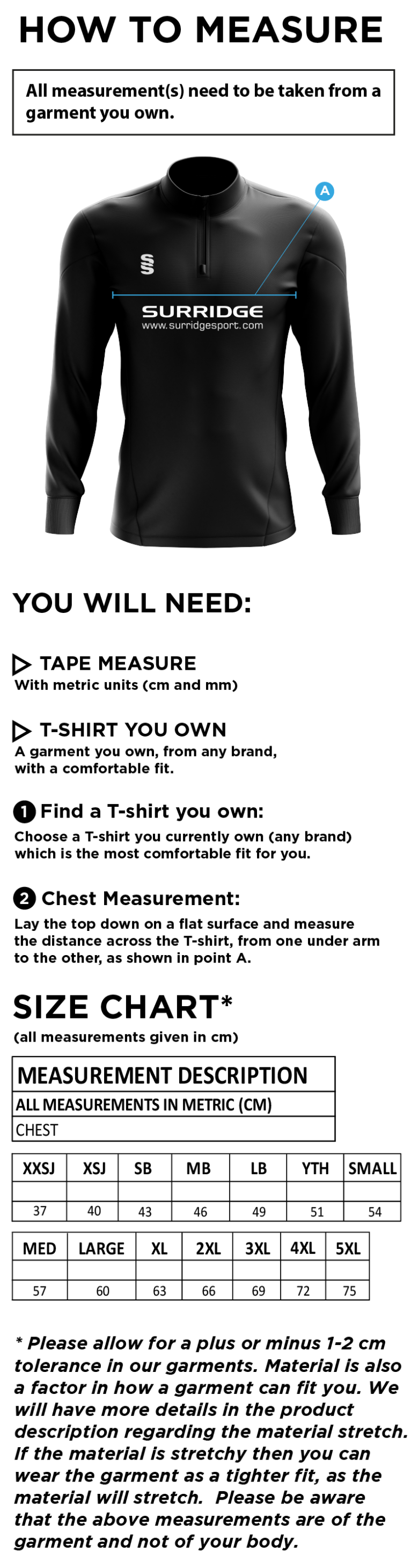 Builth Wells CC - Blade Performance Top - Size Guide