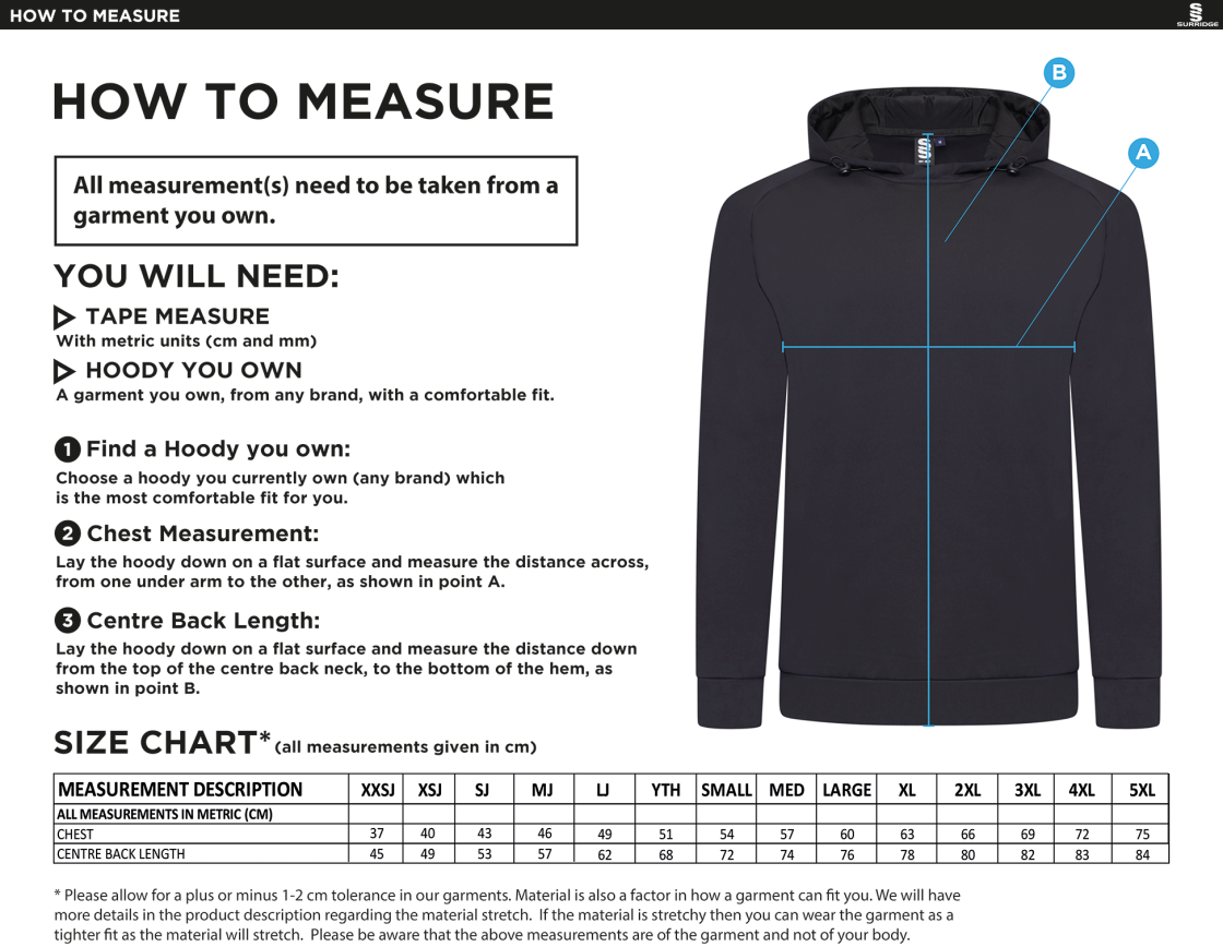 Builth Wells CC ACTIVE HOODY NAVY - Size Guide